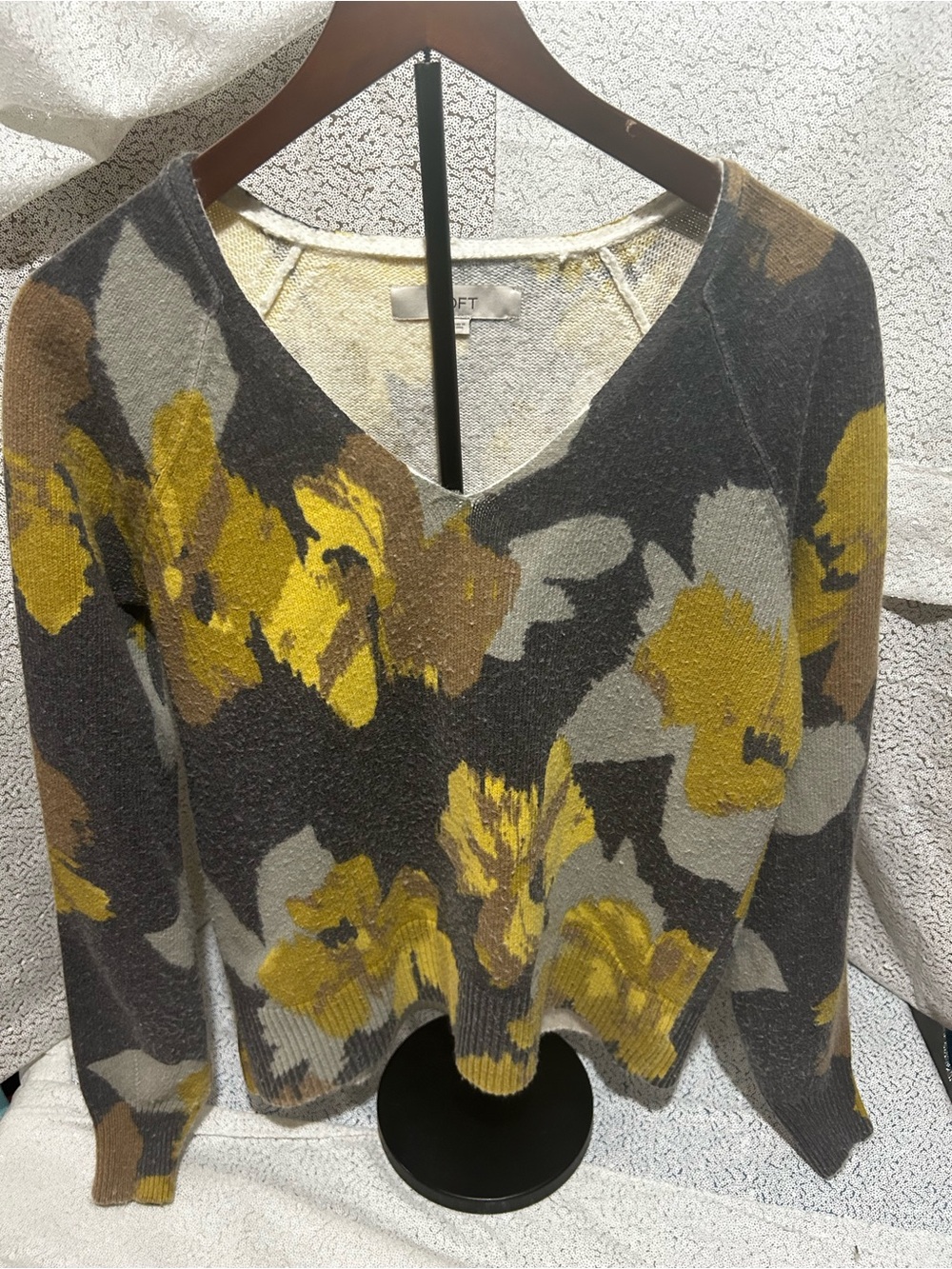 LOFT Gray V-Neck Sweater with Yellow Floral Print